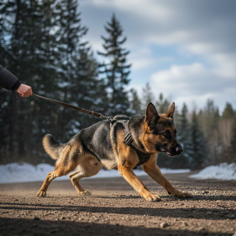 Un chien de berger allemand qui rire en laisse en promenade sur un chemin forestier.