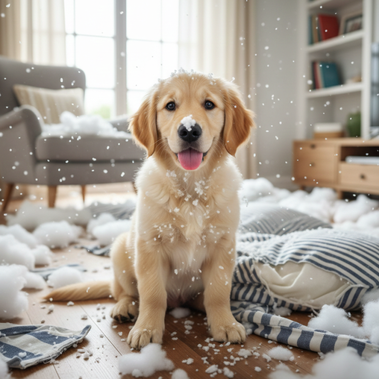 Un chiot golden retriever qui a eu recours à la destruction de l'intérieur de ses propriétaires.
