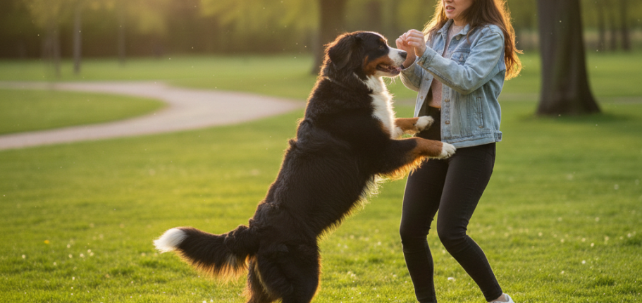 chien qui saute sur une dame mécontente.